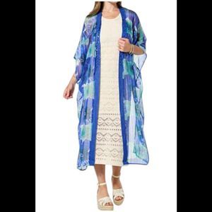 Vince Camuto Women's Jewel Print Open Front Duster Blue Multi - Plus